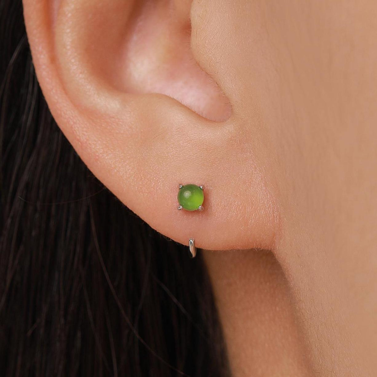 Genuine Jade Crystal Huggie Hoop Earrings in Sterling Silver, 4mm Natural Jade Open Hoops, Pull Through Threaders, Half Hoops, C Shape Hoops