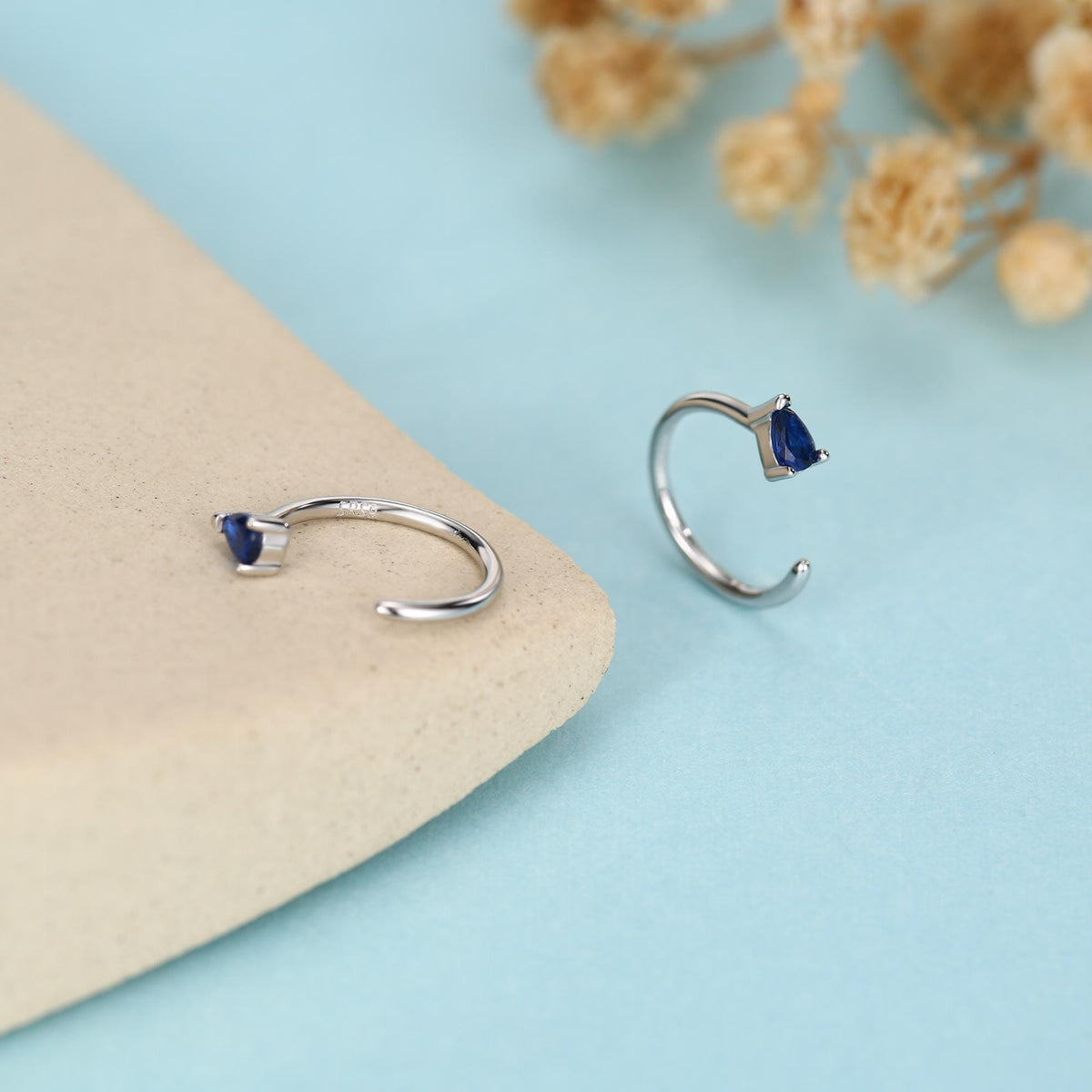 Sapphire Blue CZ Droplet Huggie Hoop Earrings in Sterling Silver, Tiny Blue Pear Cut CZ Open Hoops, Pull Through Threaders, Half Hoops
