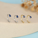 Sapphire Blue CZ Droplet Huggie Hoop Earrings in Sterling Silver, Tiny Blue Pear Cut CZ Open Hoops, Pull Through Threaders, Half Hoops