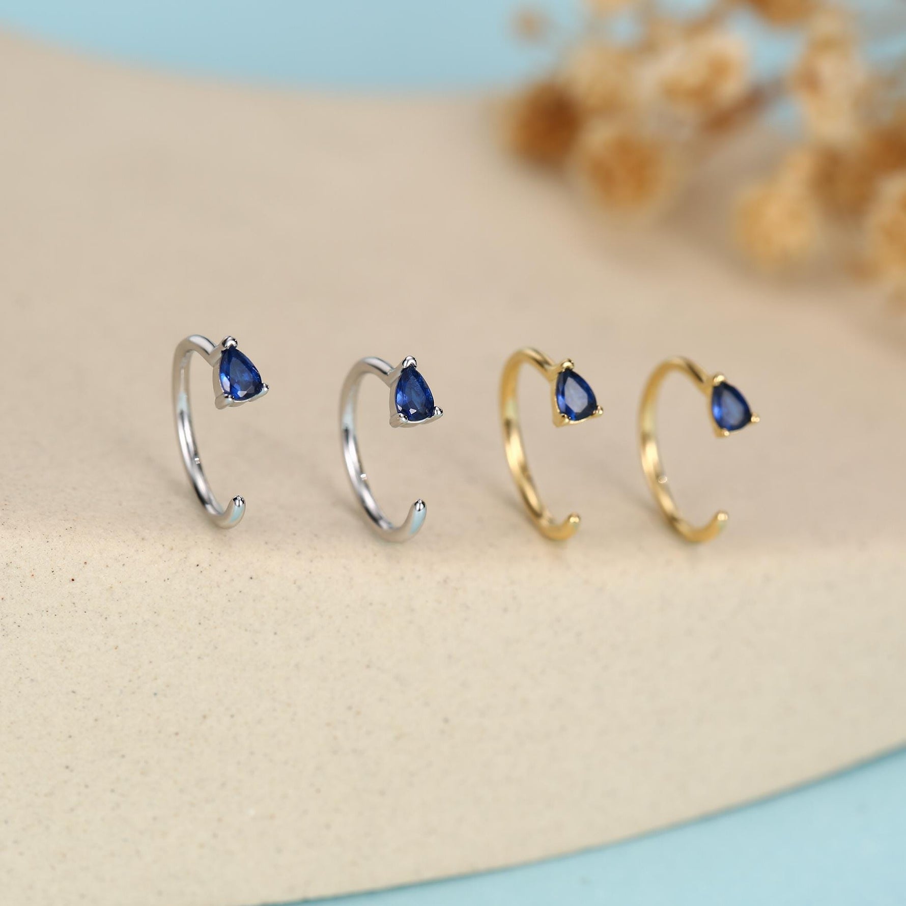Sapphire Blue CZ Droplet Huggie Hoop Earrings in Sterling Silver, Tiny Blue Pear Cut CZ Open Hoops, Pull Through Threaders, Half Hoops