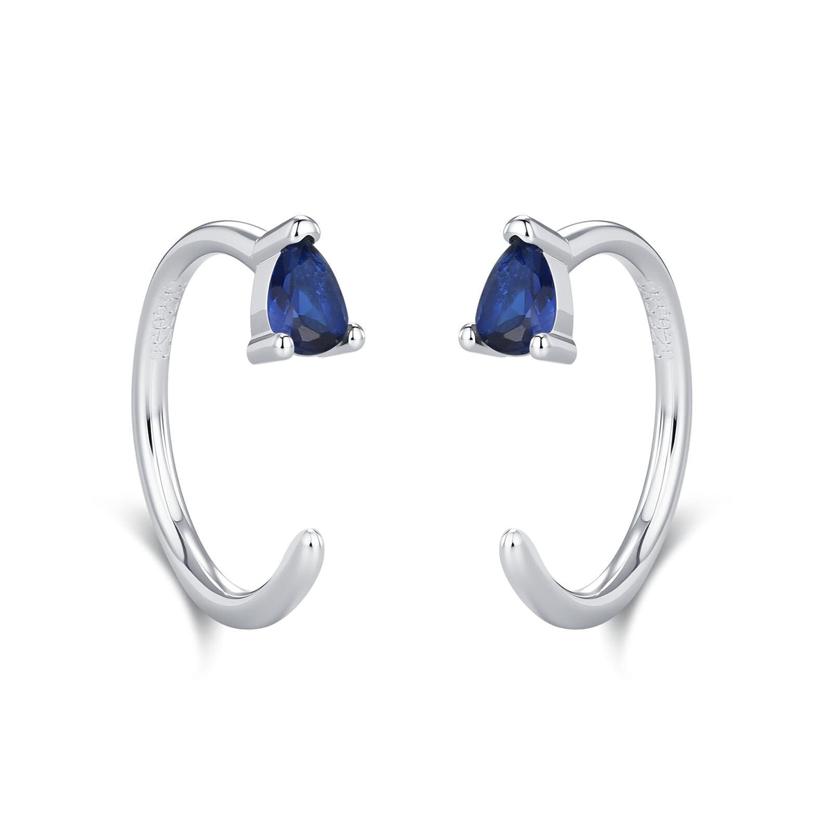 Sapphire Blue CZ Droplet Huggie Hoop Earrings in Sterling Silver, Tiny Blue Pear Cut CZ Open Hoops, Pull Through Threaders, Half Hoops