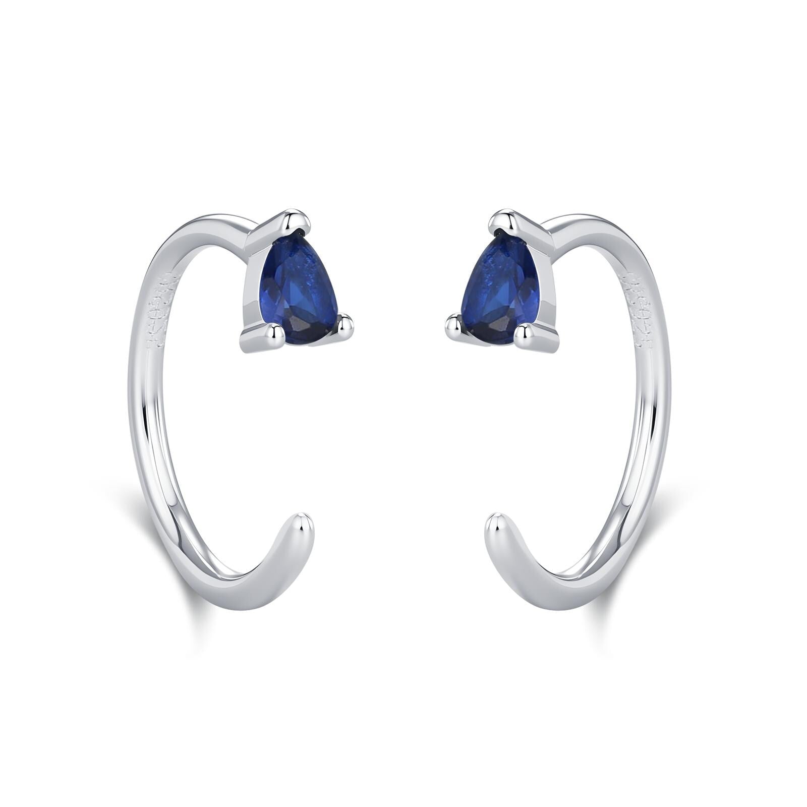 Sapphire Blue CZ Droplet Huggie Hoop Earrings in Sterling Silver, Tiny Blue Pear Cut CZ Open Hoops, Pull Through Threaders, Half Hoops