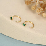 Emerald Green Tiny Droplet CZ Open Huggie Hoop Earrings in Sterling Silver