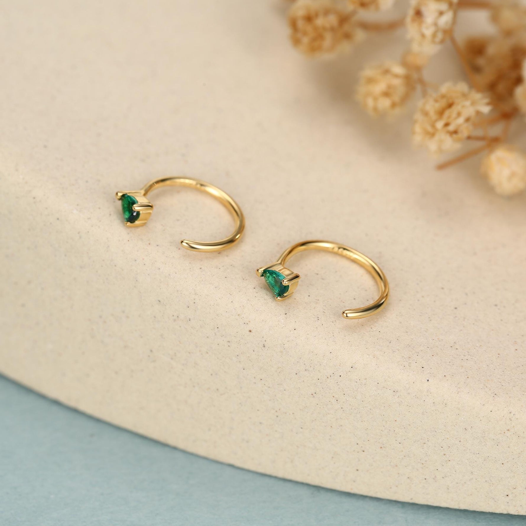 Emerald Green Tiny Droplet CZ Open Huggie Hoop Earrings in Sterling Silver