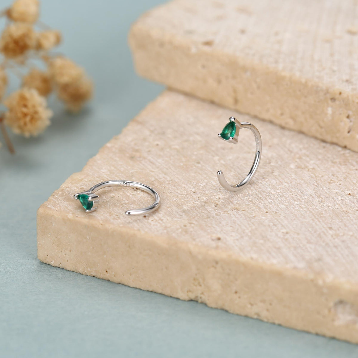 Emerald Green Tiny Droplet CZ Open Huggie Hoop Earrings in Sterling Silver