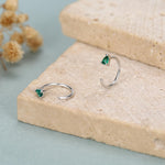 Emerald Green Tiny Droplet CZ Open Huggie Hoop Earrings in Sterling Silver