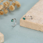 Emerald Green Tiny Droplet CZ Open Huggie Hoop Earrings in Sterling Silver