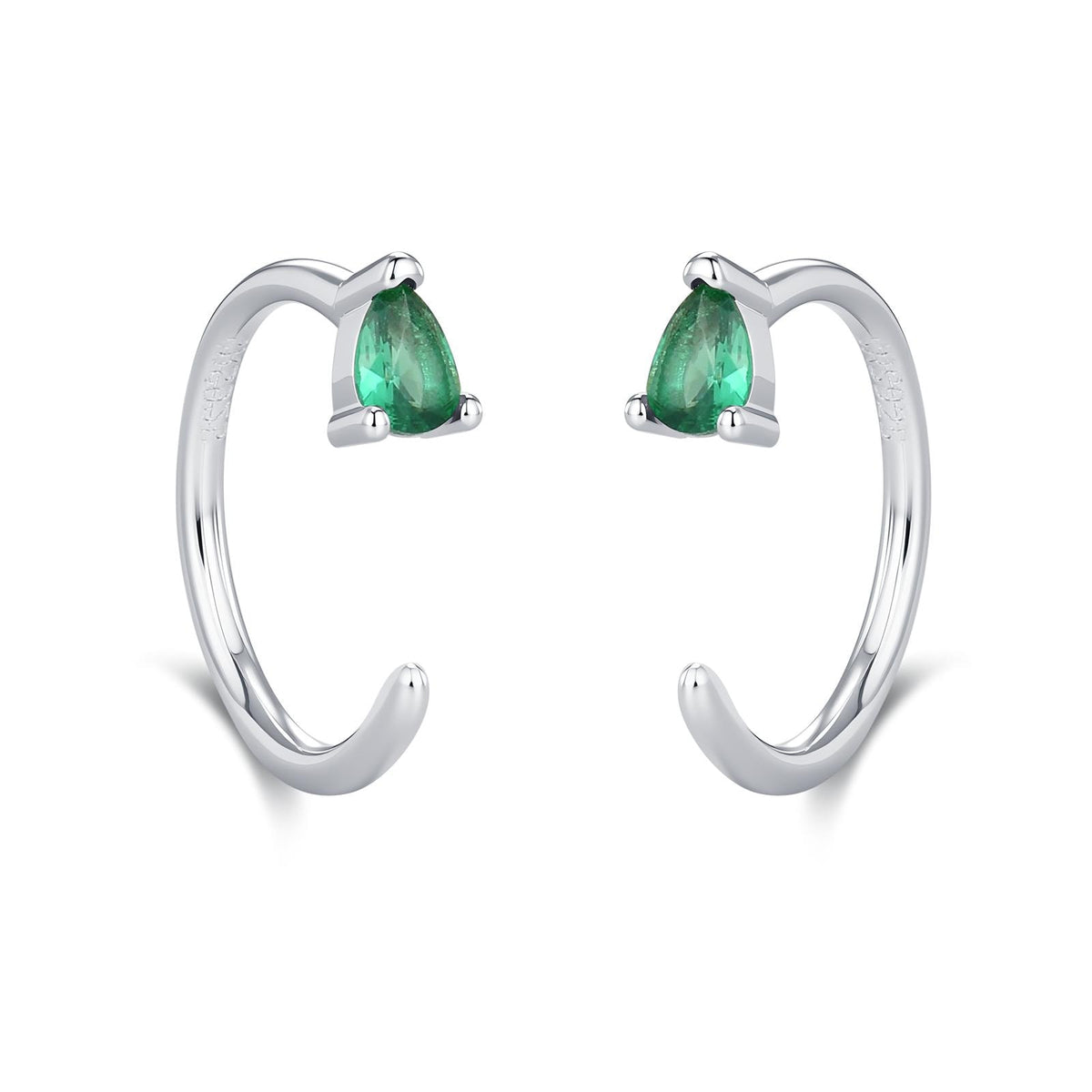 Emerald Green Tiny Droplet CZ Open Huggie Hoop Earrings in Sterling Silver