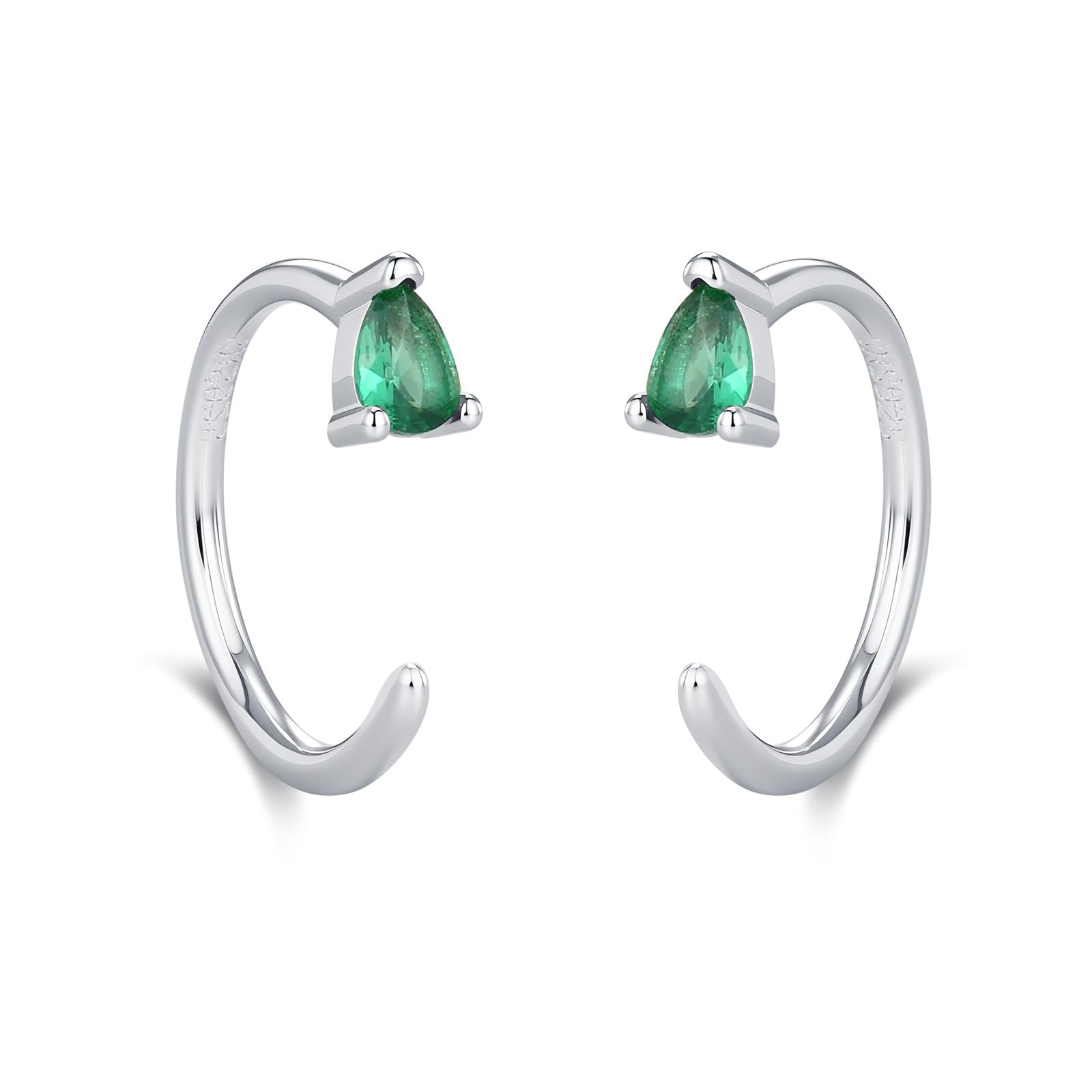 Emerald Green Tiny Droplet CZ Open Huggie Hoop Earrings in Sterling Silver