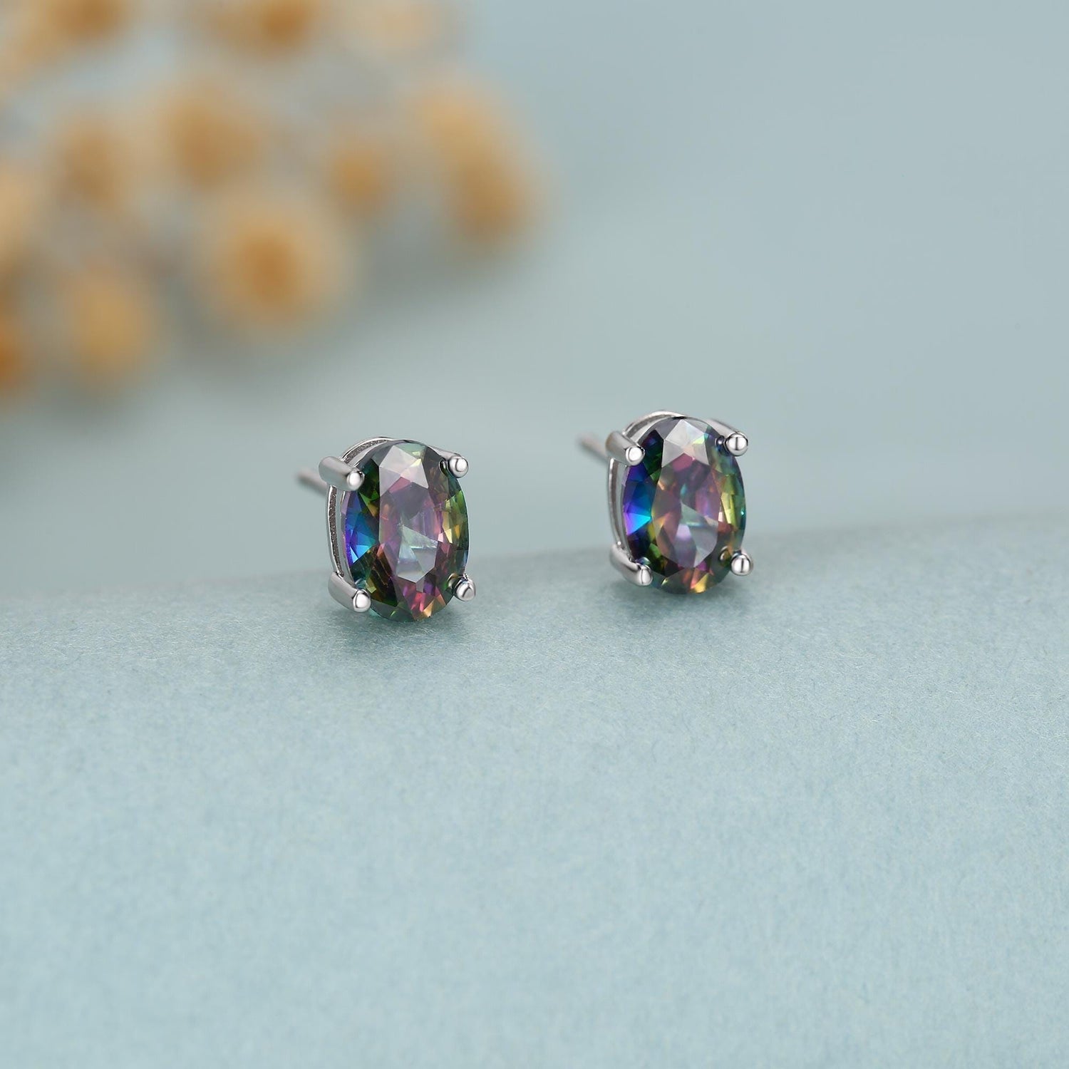 Mystic Topaz Crystal Stud Earrings in Sterling Silver, Oval Cut Peacock Crystals,Stunning Green, Blue and Purple Colour