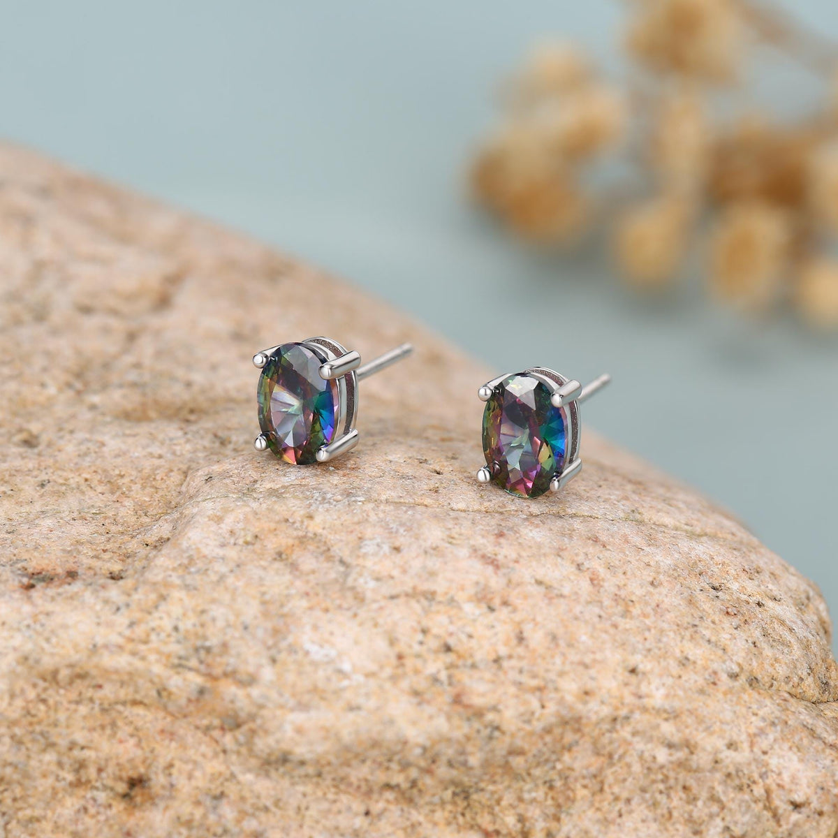 Mystic Topaz Crystal Stud Earrings in Sterling Silver, Oval Cut Peacock Crystals,Stunning Green, Blue and Purple Colour