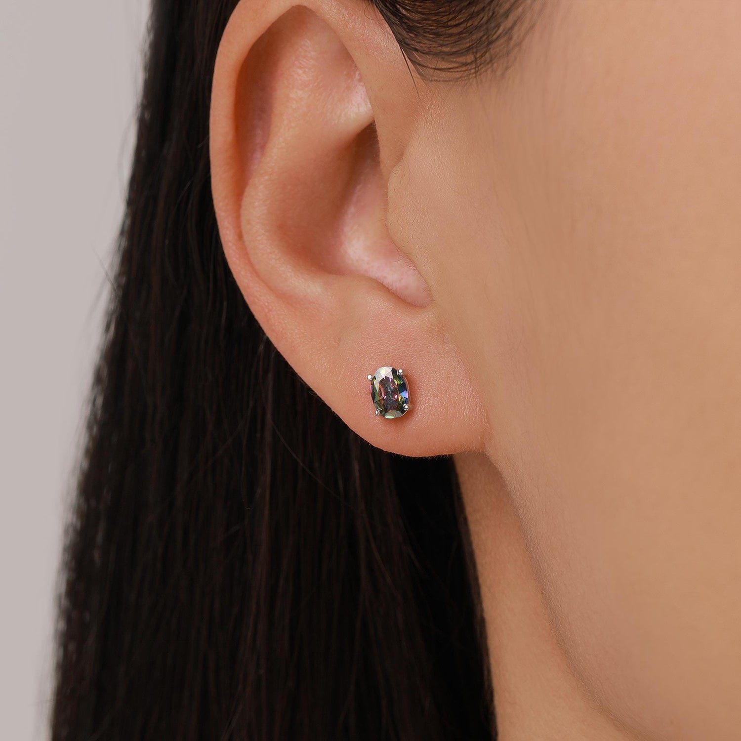 Mystic Topaz Crystal Stud Earrings in Sterling Silver, Oval Cut Peacock Crystals,Stunning Green, Blue and Purple Colour