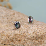 Mystic Topaz Crystal Stud Earrings in Sterling Silver, Oval Cut Peacock Crystals,Stunning Green, Blue and Purple Colour