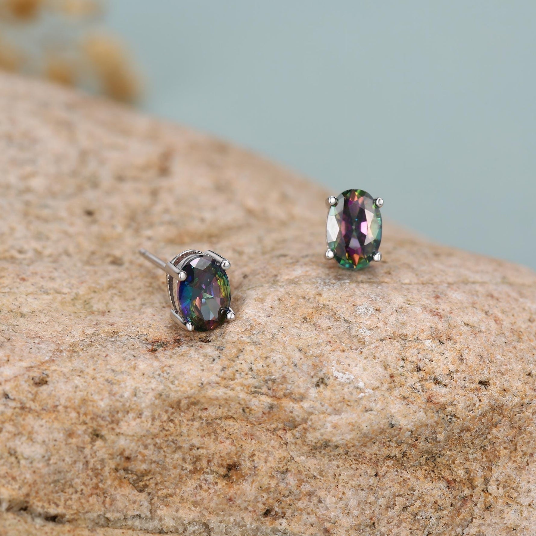 Mystic Topaz Crystal Stud Earrings in Sterling Silver, Oval Cut Peacock Crystals,Stunning Green, Blue and Purple Colour