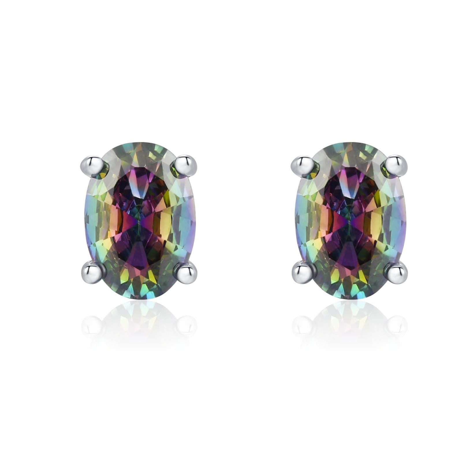 Mystic Topaz Crystal Stud Earrings in Sterling Silver, Oval Cut Peacock Crystals,Stunning Green, Blue and Purple Colour