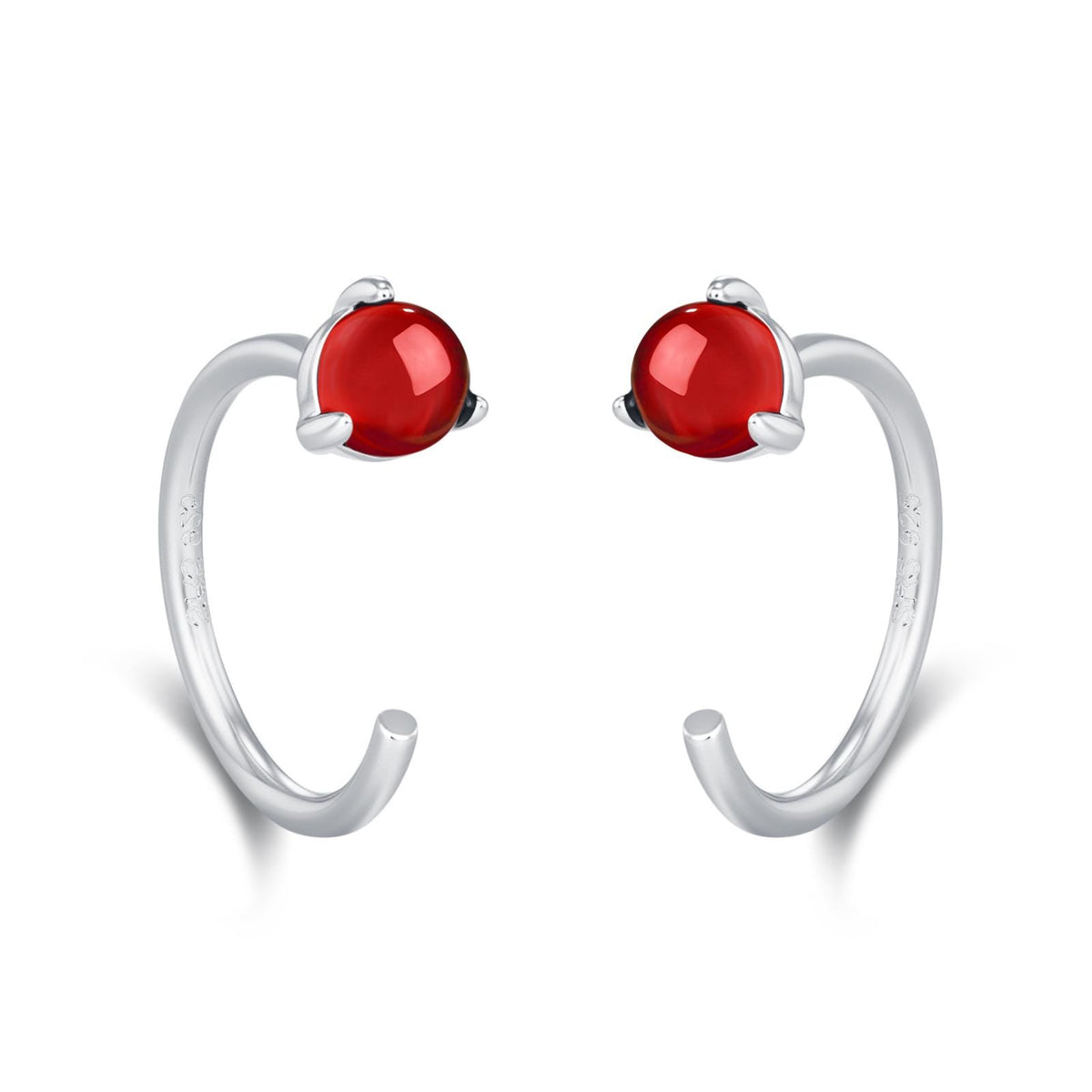 Genuine Red Onyx Huggie Hoop Earrings in Sterling Silver, 3mm Natural Red Chalcedony Open Hoops, Pull Through Threaders, Half Hoops, C Shape
