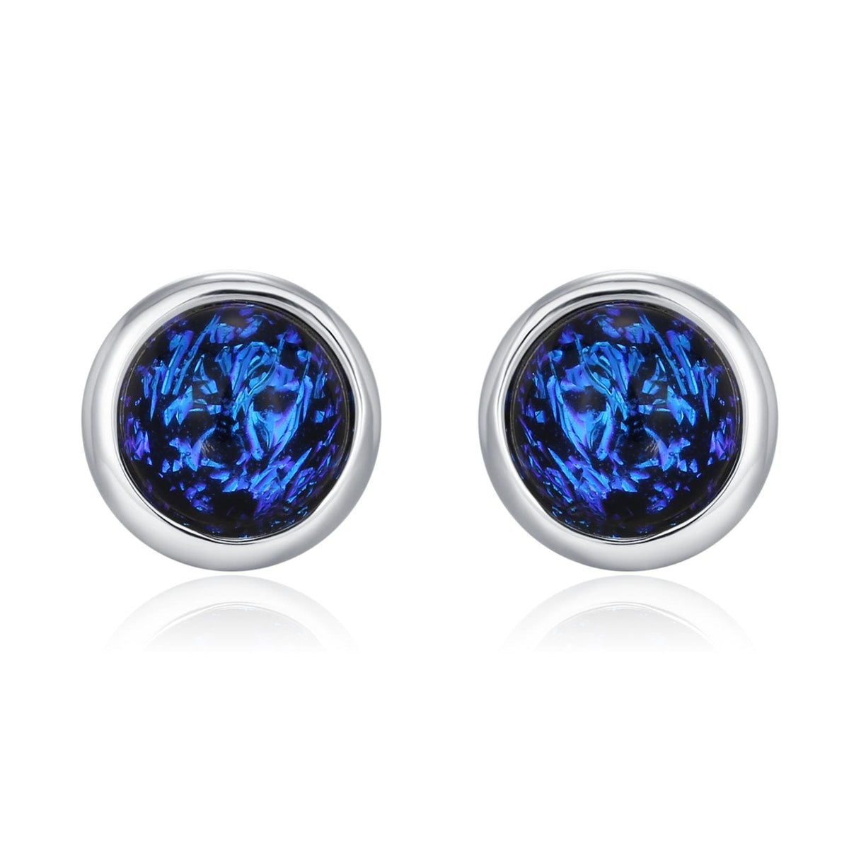 Sterling Silver Gold Dichroic Glass Stud Earrings, 4mm, Glass Crystal Dark Blue - Bezel Setting , Minimalist Style