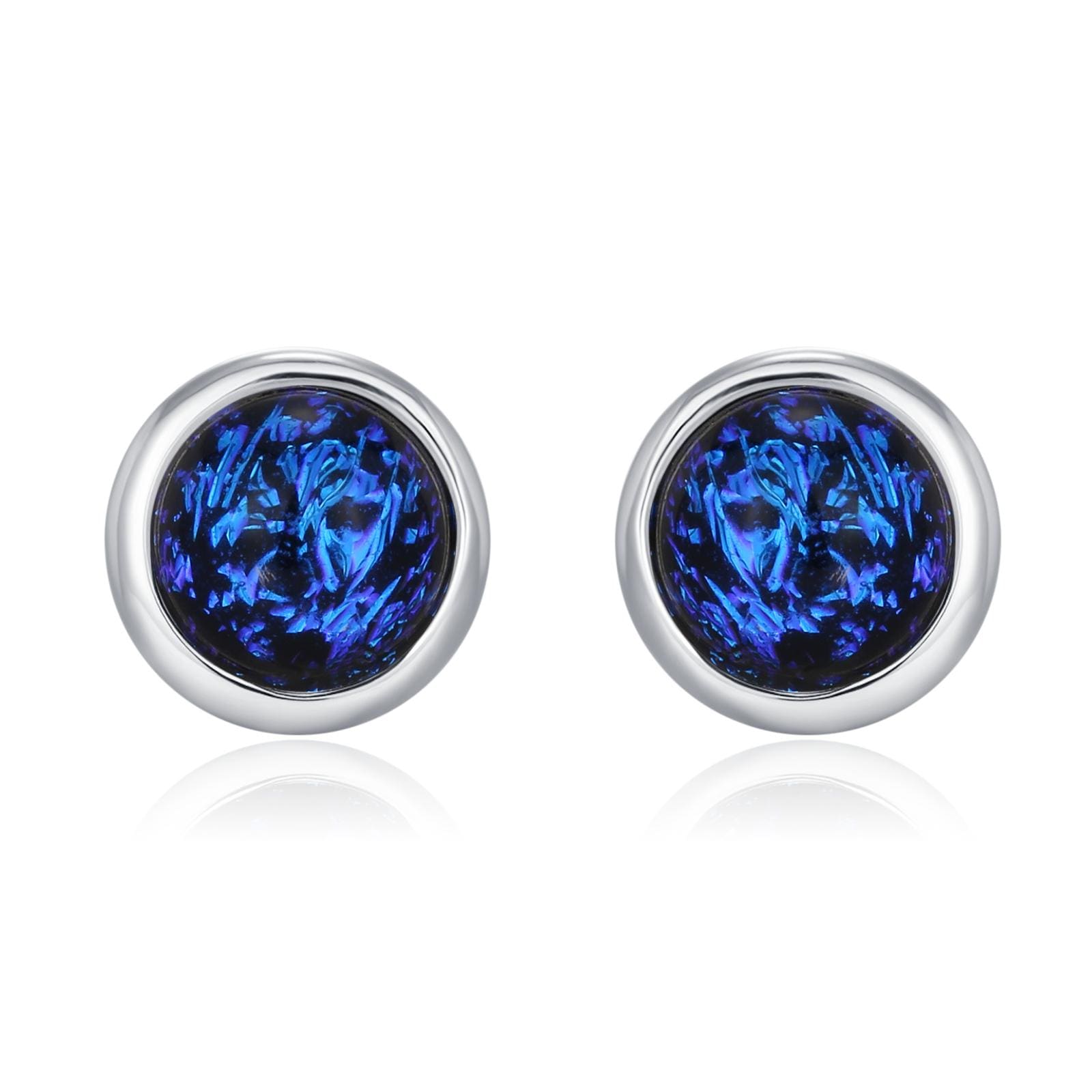 Sterling Silver Gold Dichroic Glass Stud Earrings, 4mm, Glass Crystal Dark Blue - Bezel Setting , Minimalist Style