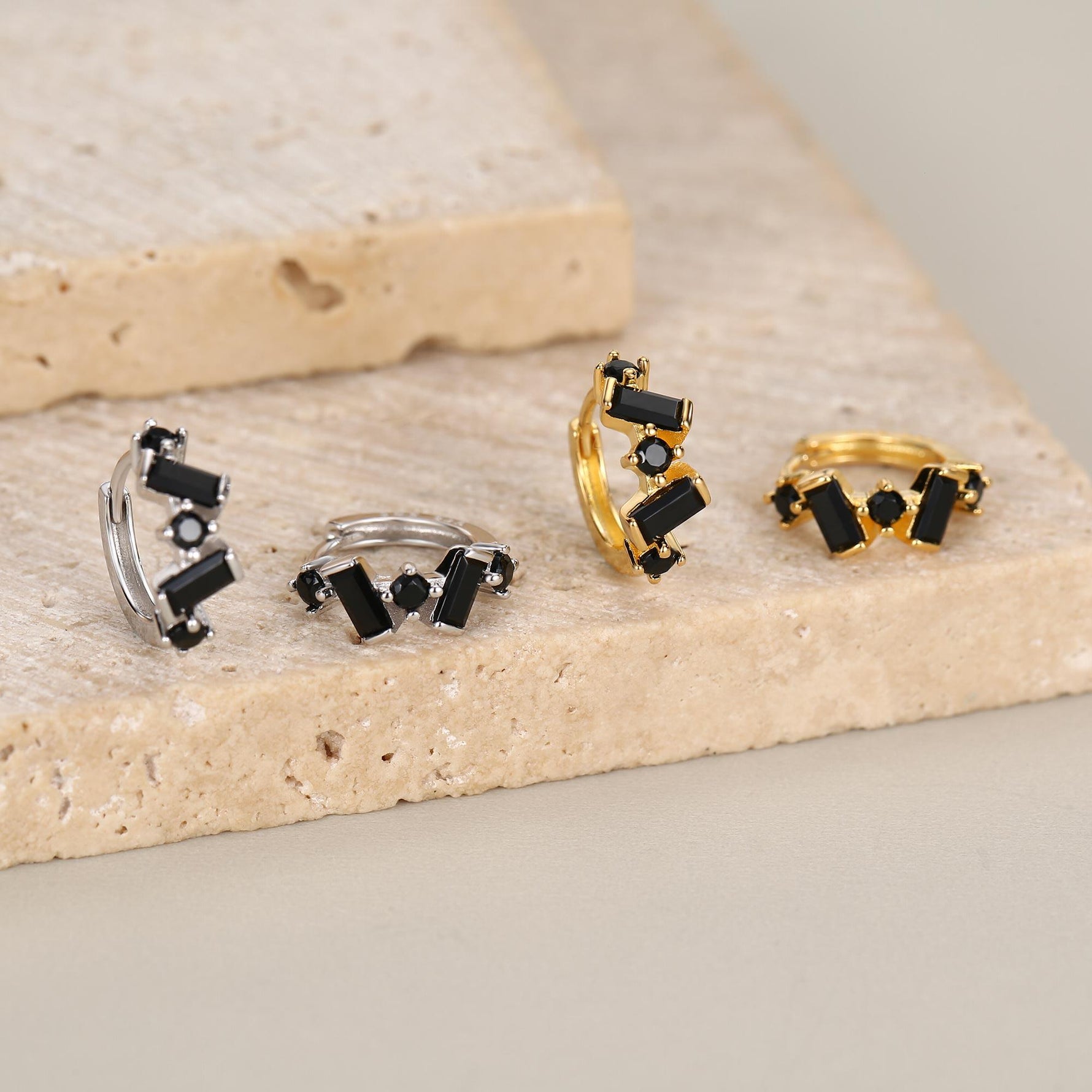 Onyx Black Baguette CZ Cluster Huggie Hoop in Sterling Silver, Silver or Gold, Geometric Hoop Earrings, Irregular Shaped