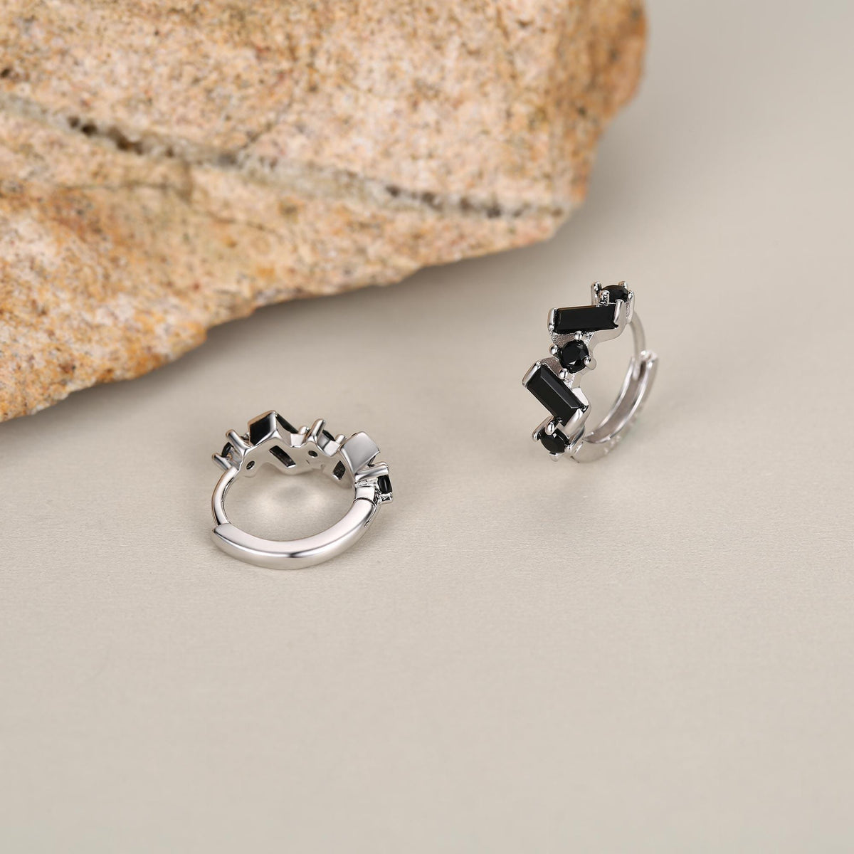 Onyx Black Baguette CZ Cluster Huggie Hoop in Sterling Silver, Silver or Gold, Geometric Hoop Earrings, Irregular Shaped