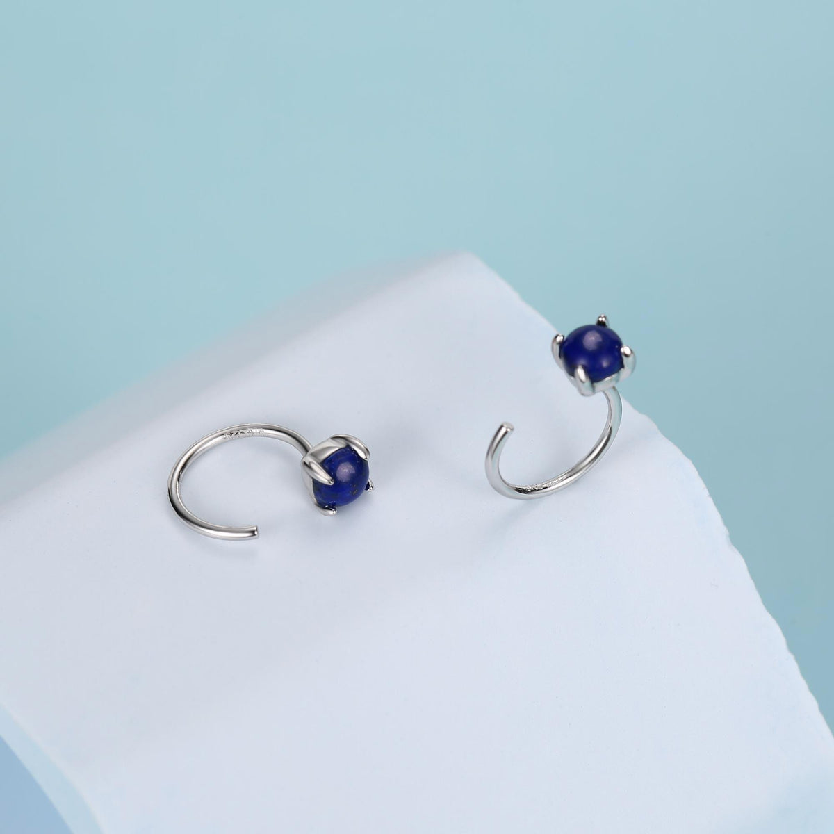 Genuine Lapis Lazuli Huggie Hoop Earrings in Sterling Silver, 4mm Natural Blue Lapis Open Hoops, Pull Through Threaders, Half Hoops, C Shape