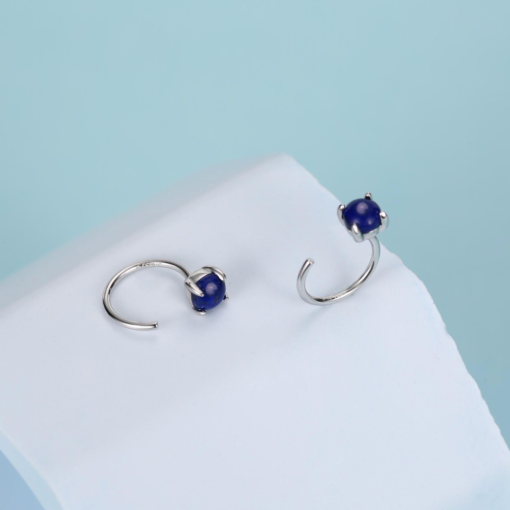 Genuine Lapis Lazuli Huggie Hoop Earrings in Sterling Silver, 4mm Natural Blue Lapis Open Hoops, Pull Through Threaders, Half Hoops, C Shape