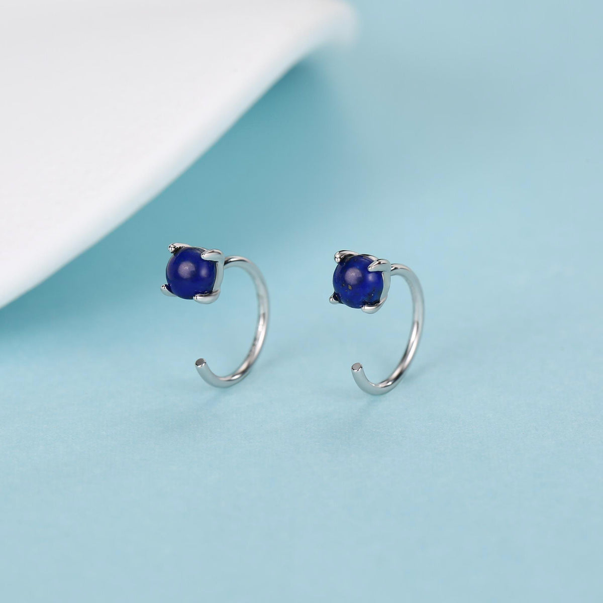 Genuine Lapis Lazuli Huggie Hoop Earrings in Sterling Silver, 4mm Natural Blue Lapis Open Hoops, Pull Through Threaders, Half Hoops, C Shape