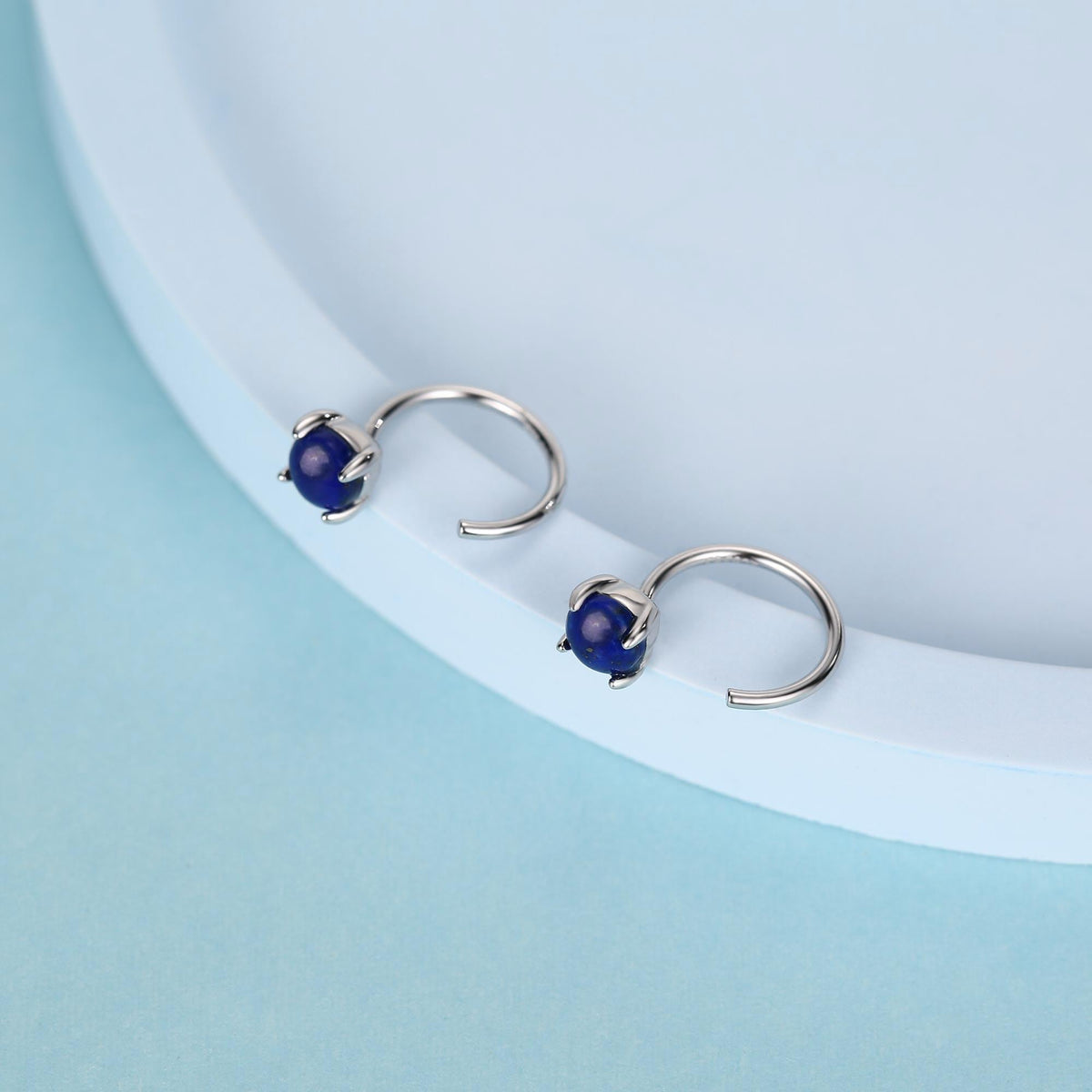 Genuine Lapis Lazuli Huggie Hoop Earrings in Sterling Silver, 4mm Natural Blue Lapis Open Hoops, Pull Through Threaders, Half Hoops, C Shape