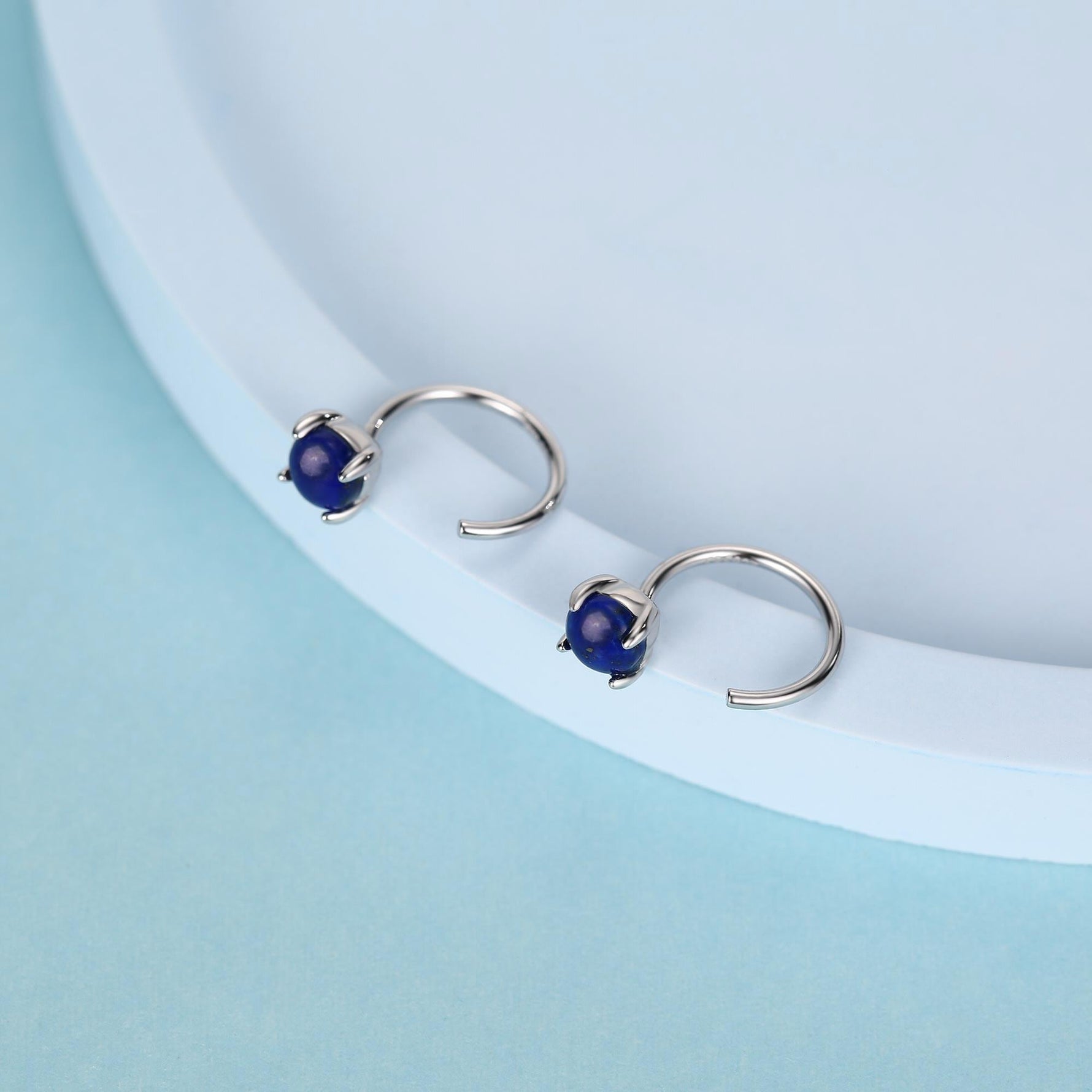 Genuine Lapis Lazuli Huggie Hoop Earrings in Sterling Silver, 4mm Natural Blue Lapis Open Hoops, Pull Through Threaders, Half Hoops, C Shape