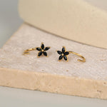 Black CZ Flower Huggie Hoop Earrings in Sterling Silver, Gold or Silver, Marquise CZ Flower Threader Hoop Earrings, Pull Through