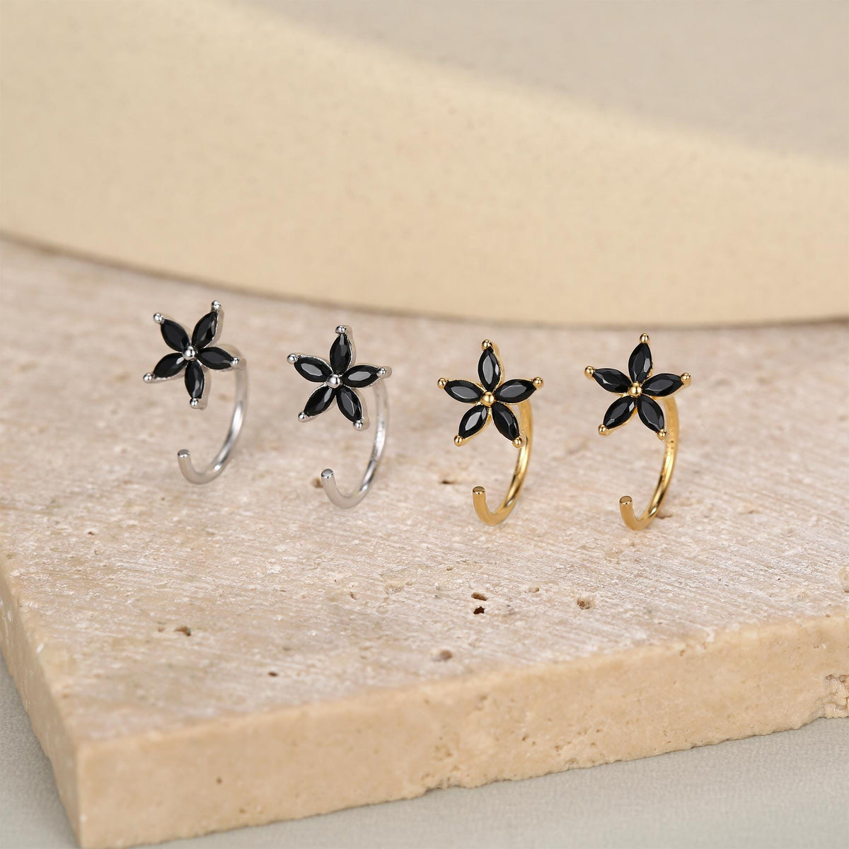 Black CZ Flower Huggie Hoop Earrings in Sterling Silver, Gold or Silver, Marquise CZ Flower Threader Hoop Earrings, Pull Through
