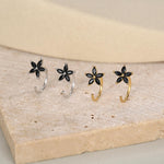 Black CZ Flower Huggie Hoop Earrings in Sterling Silver, Gold or Silver, Marquise CZ Flower Threader Hoop Earrings, Pull Through