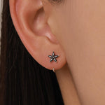 Black CZ Flower Huggie Hoop Earrings in Sterling Silver, Gold or Silver, Marquise CZ Flower Threader Hoop Earrings, Pull Through