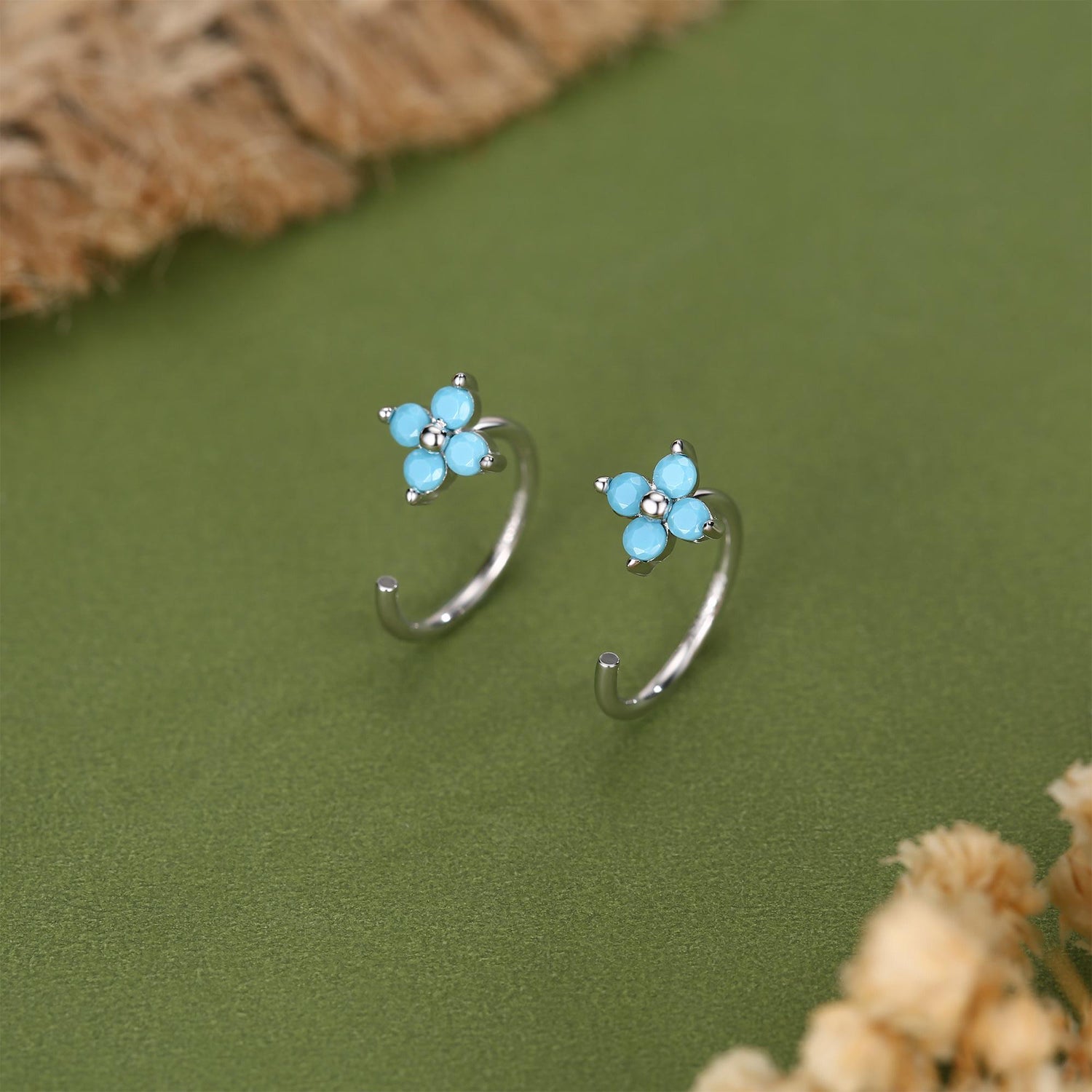 Turquoise Blue CZ Hydrangea Flower Open Huggie Hoop Earrings in Sterling Silver