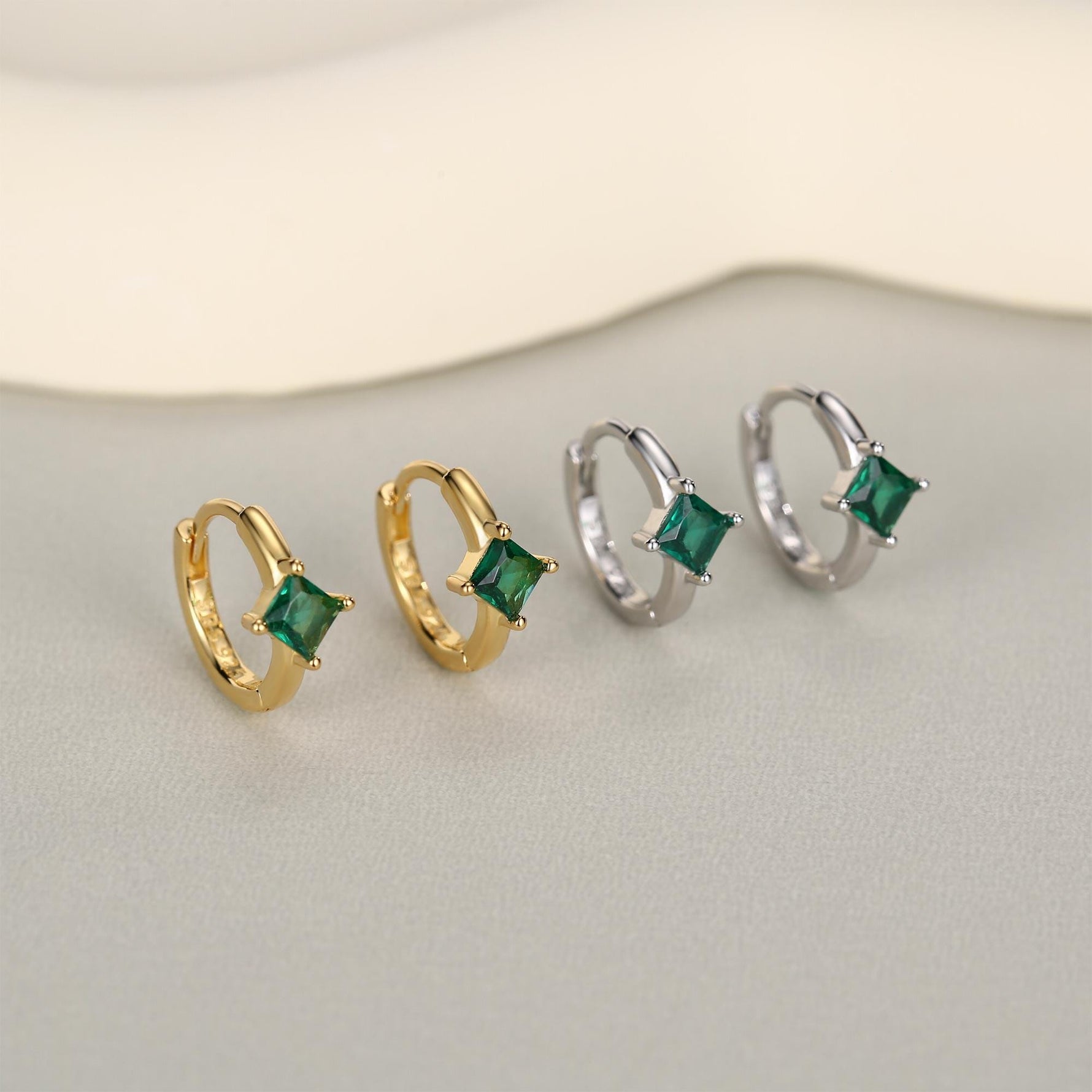 Single Emerald Green CZ Crystal Huggie Hoop in Sterling Silver, Silver or Gold, Minimalist Simple Hoop Earrings