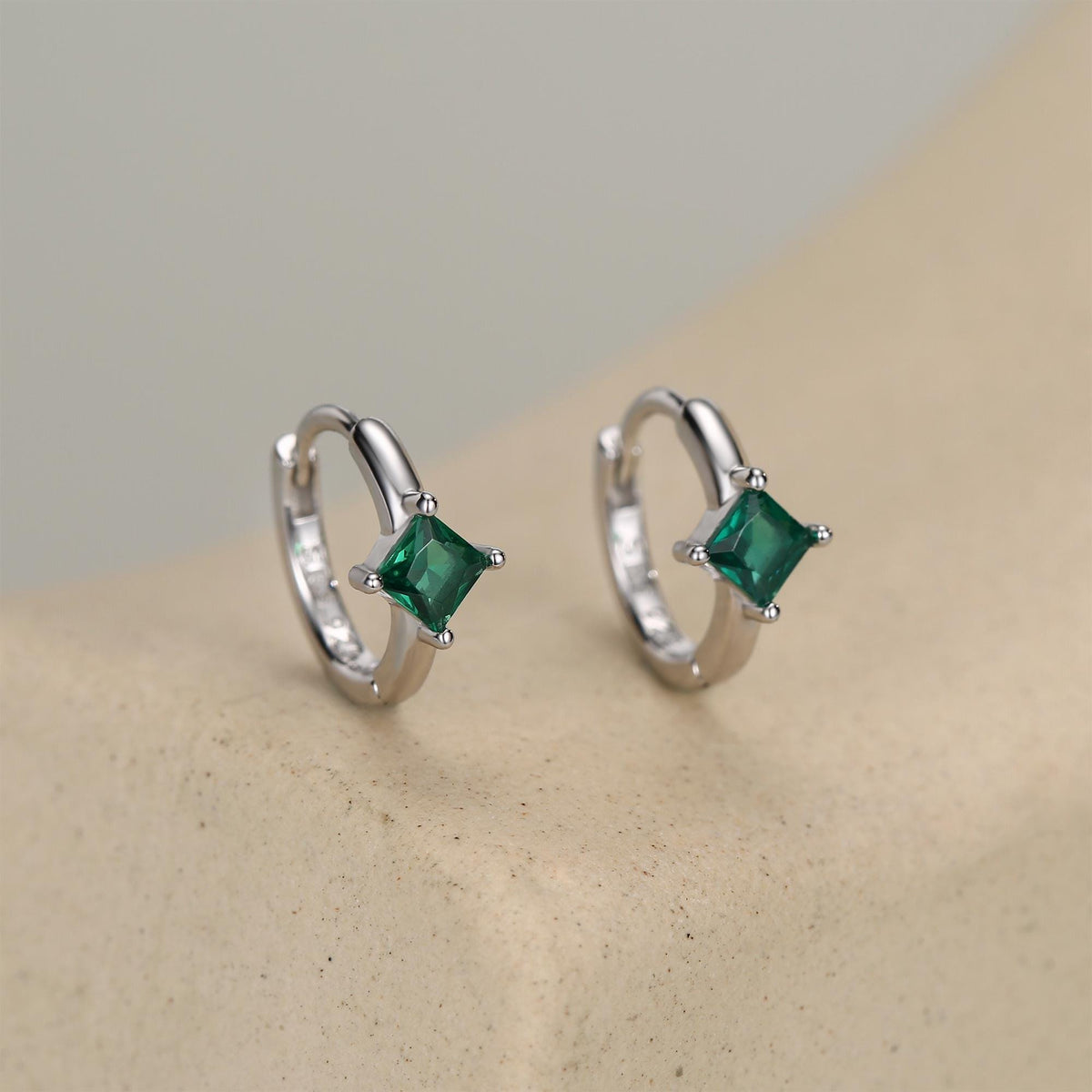 Single Emerald Green CZ Crystal Huggie Hoop in Sterling Silver, Silver or Gold, Minimalist Simple Hoop Earrings