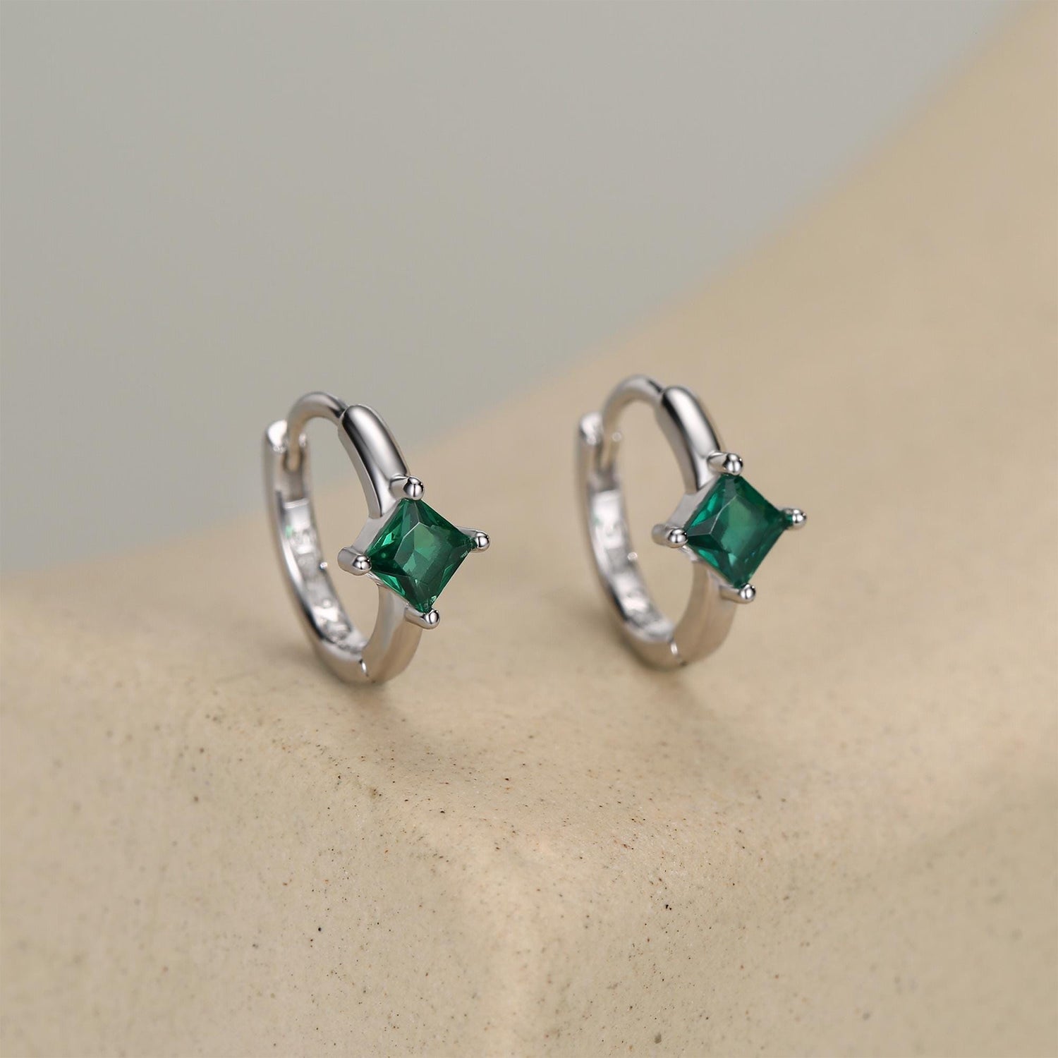 Single Emerald Green CZ Crystal Huggie Hoop in Sterling Silver, Silver or Gold, Minimalist Simple Hoop Earrings