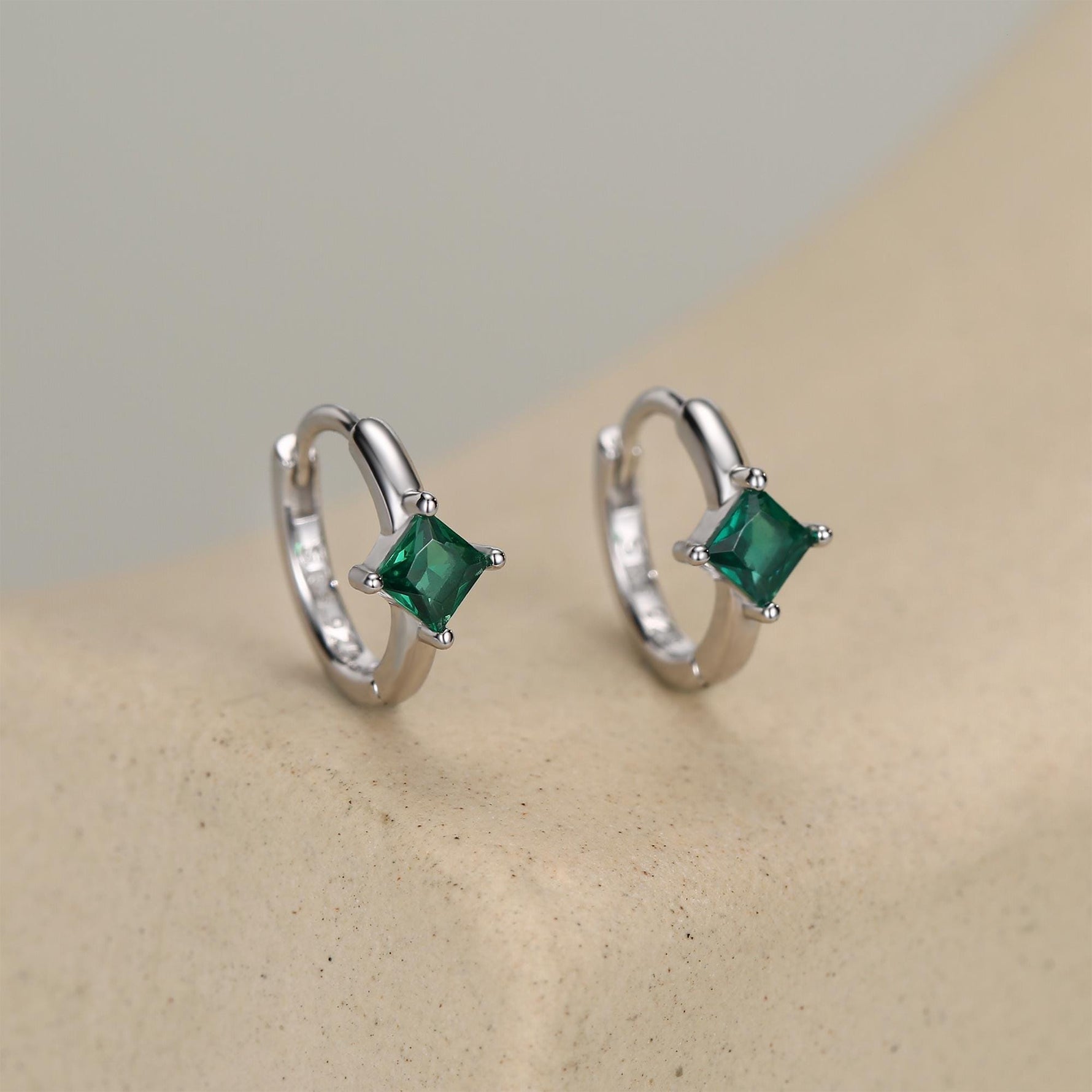 Single Emerald Green CZ Crystal Huggie Hoop in Sterling Silver, Silver or Gold, Minimalist Simple Hoop Earrings