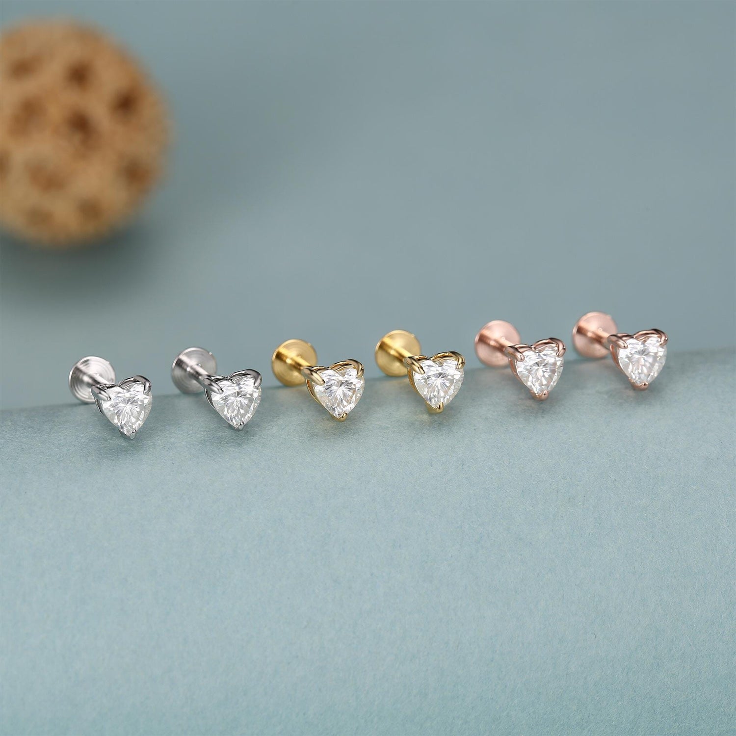 Sterling Silver 4mm Heart Moissanite 16G Flat Back Labret Earrings