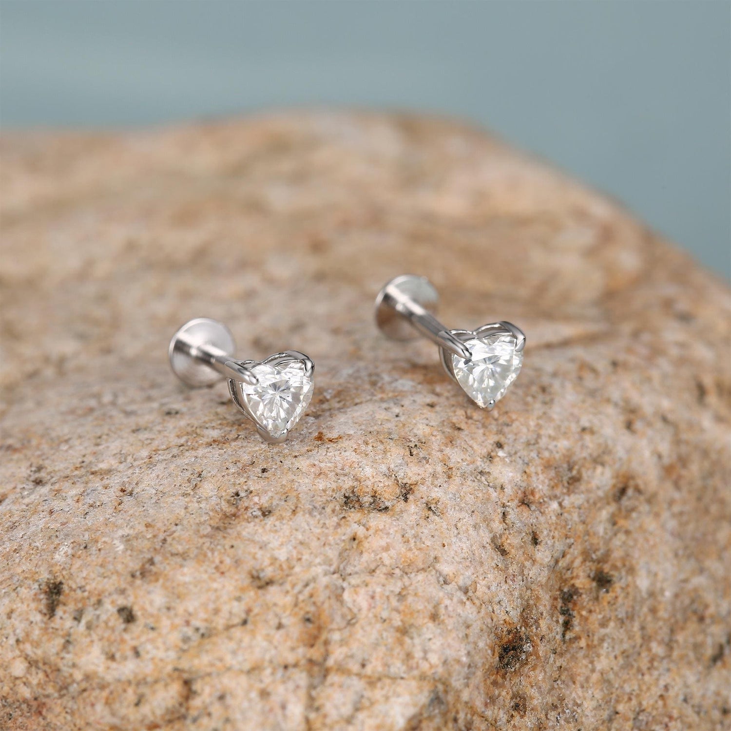 Sterling Silver 4mm Heart Moissanite 16G Flat Back Labret Earrings