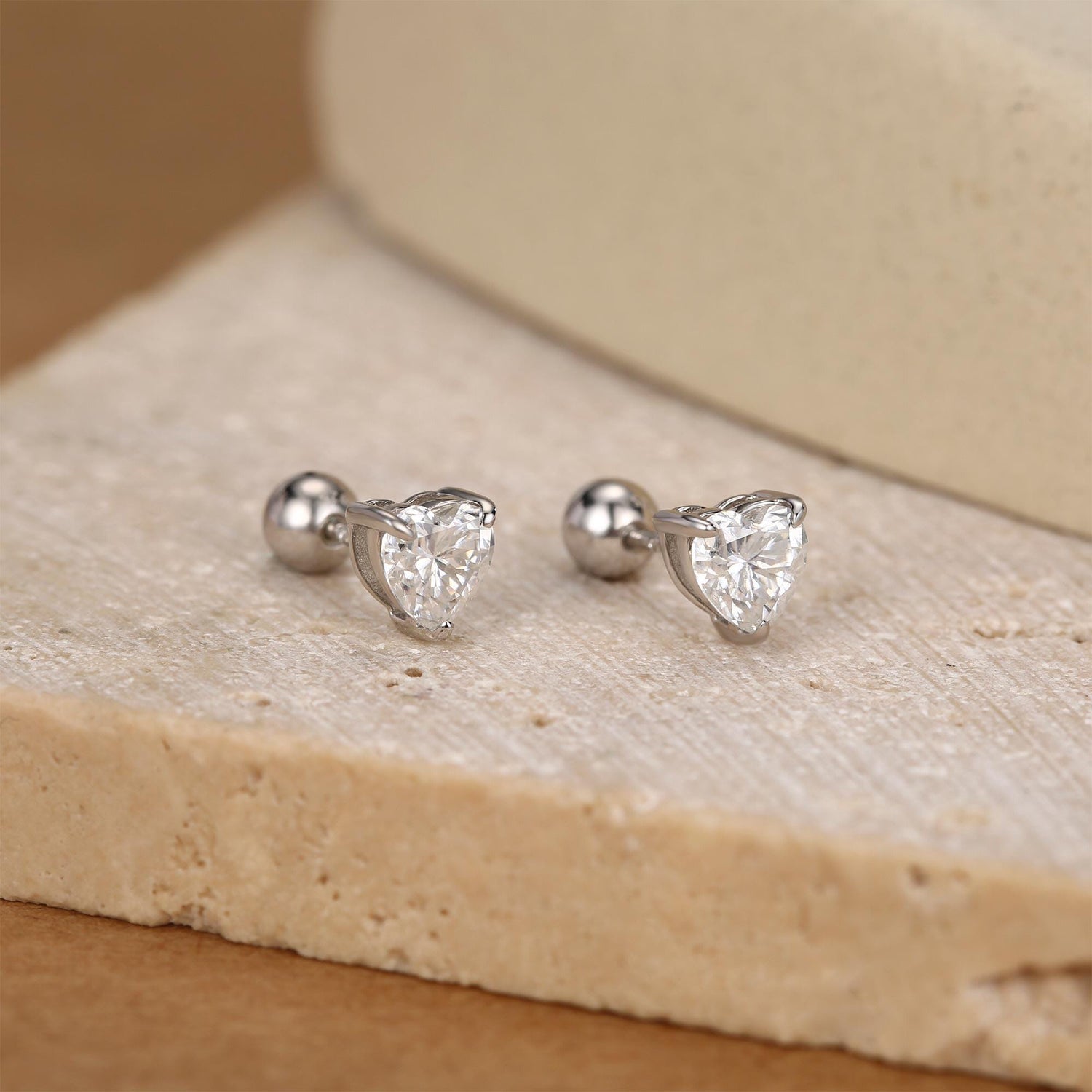 Sterling Silver Heart Moissanite 18G Screw Back Earrings