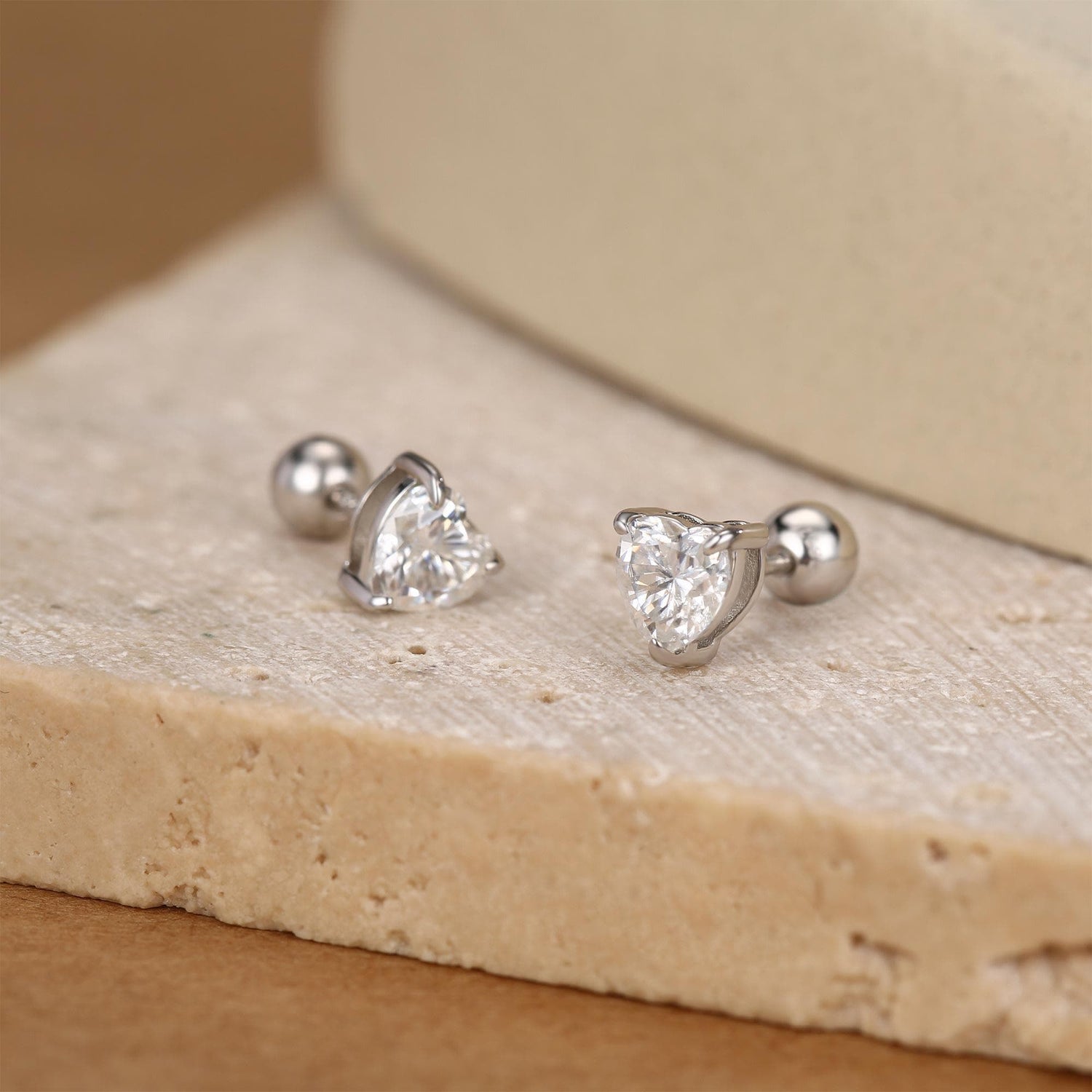 Sterling Silver Heart Moissanite 18G Screw Back Earrings