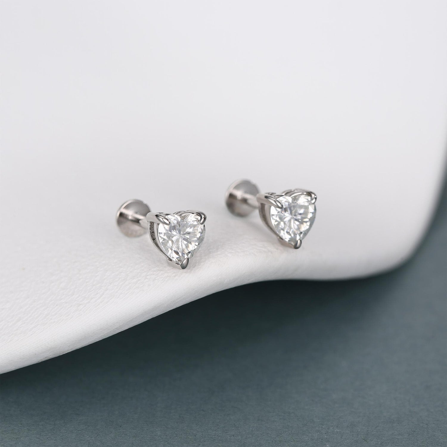 Sterling Silver 5mm Heart Moissanite 16G Flat Back Labret Earrings