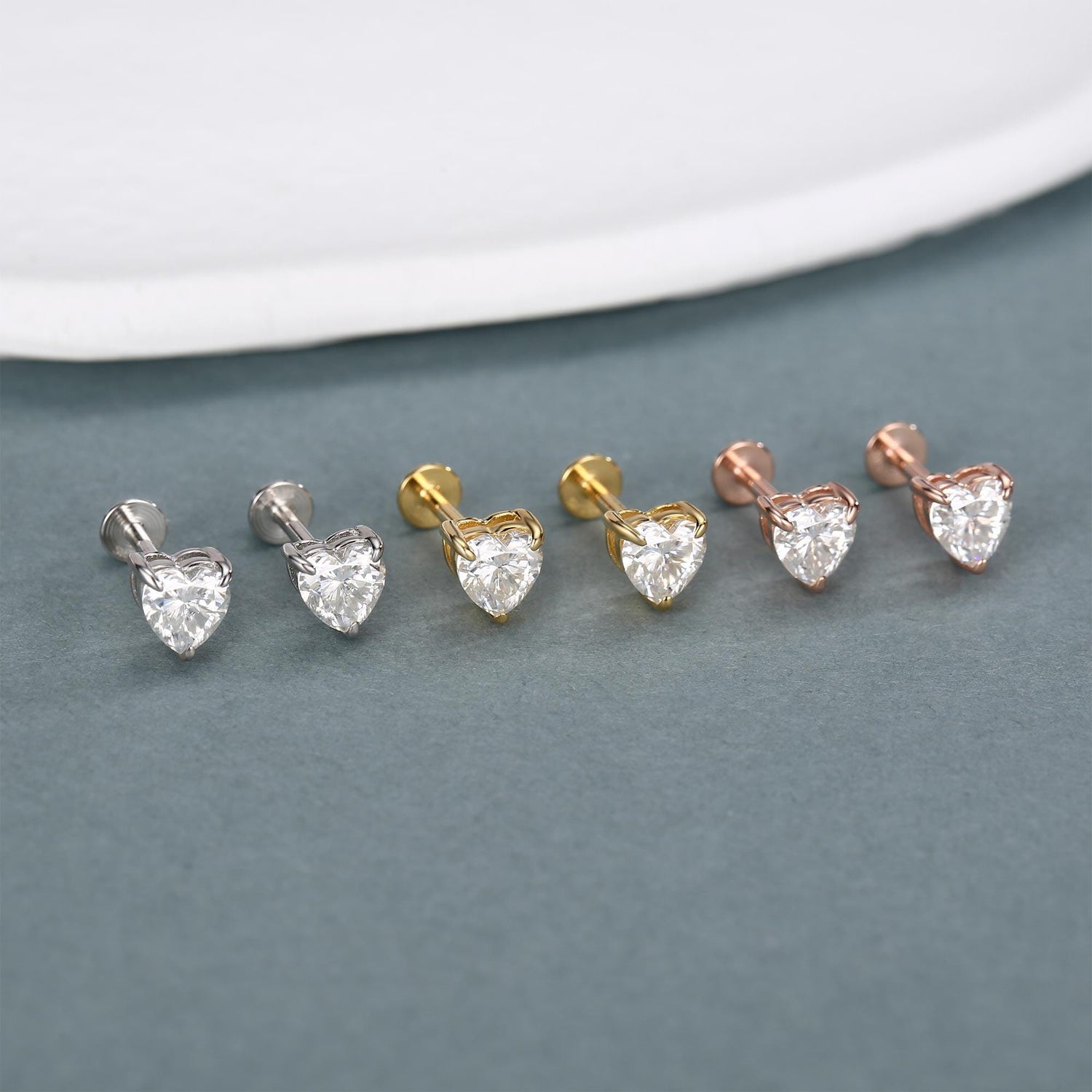 Sterling Silver 5mm Heart Moissanite 16G Flat Back Labret Earrings