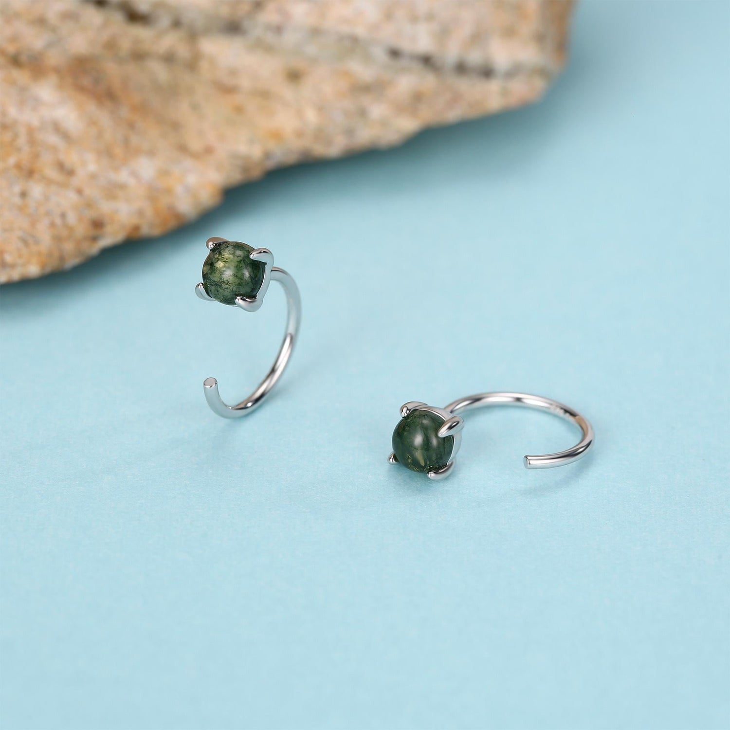 Sterling Silver Moss Agate Open Hoop Earrings