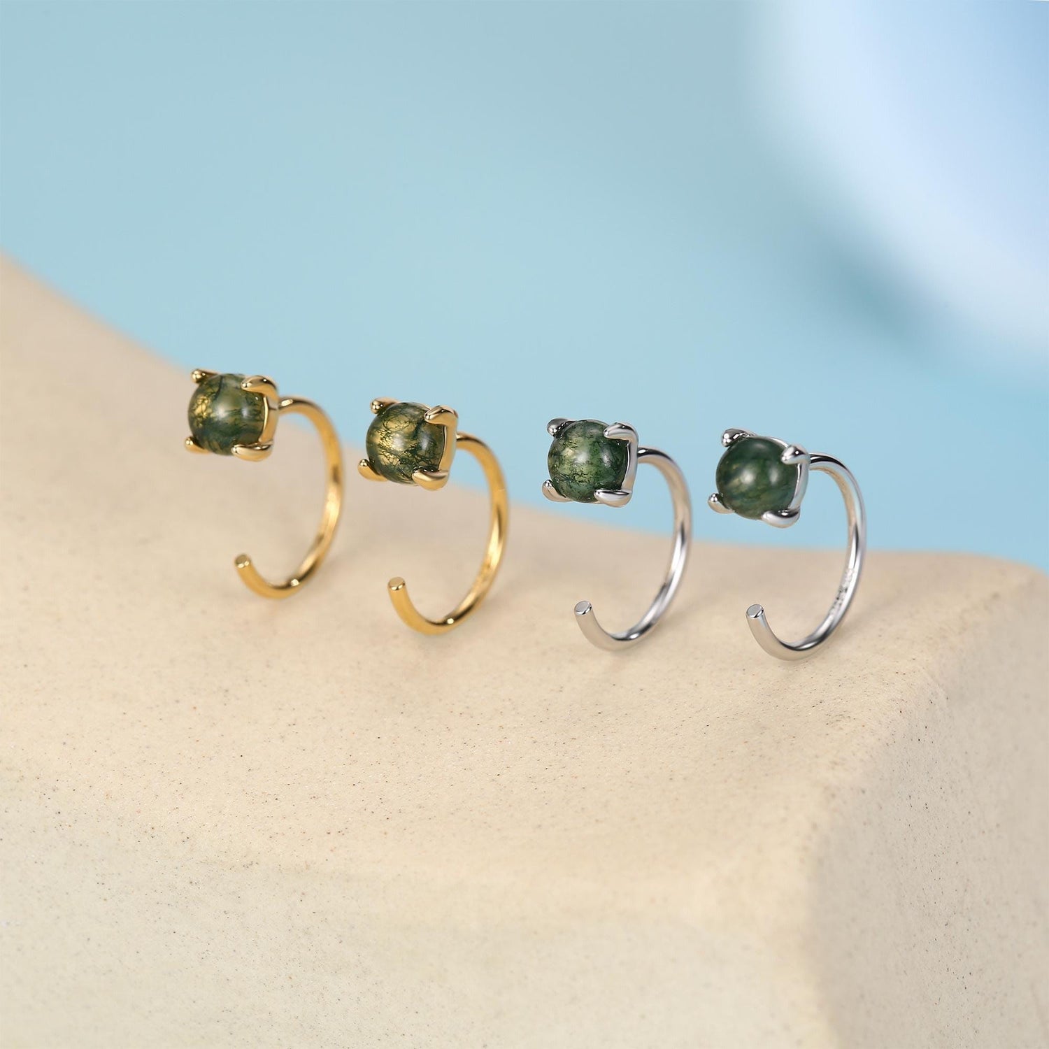 Sterling Silver Moss Agate Open Hoop Earrings