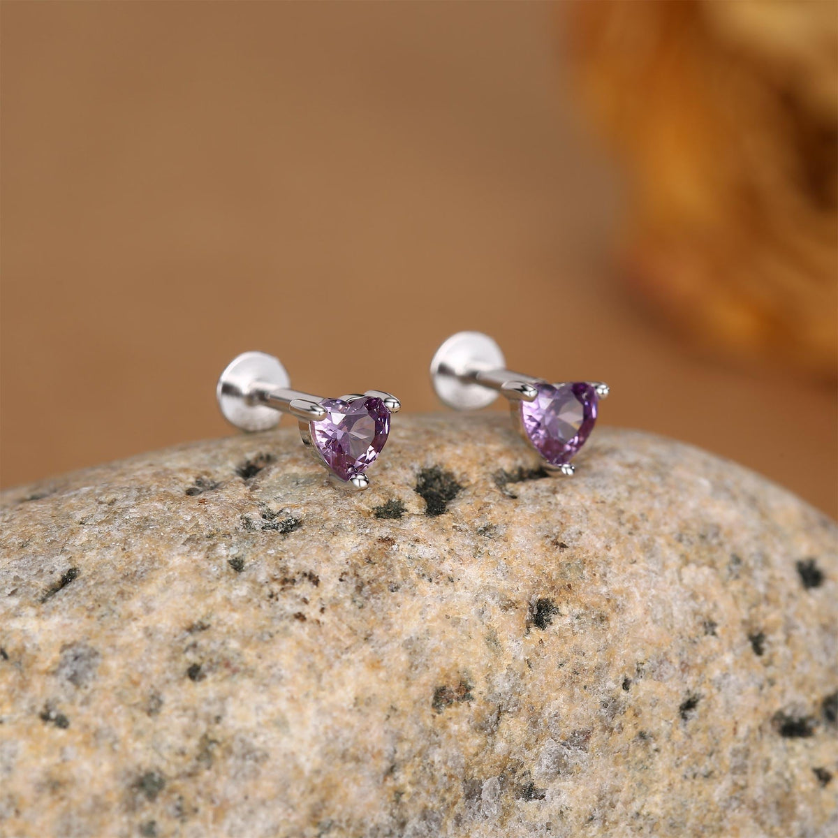 Sterling Silver 4mm Amethyst Purple Heart CZ 16G Flat Back Labret Earrings