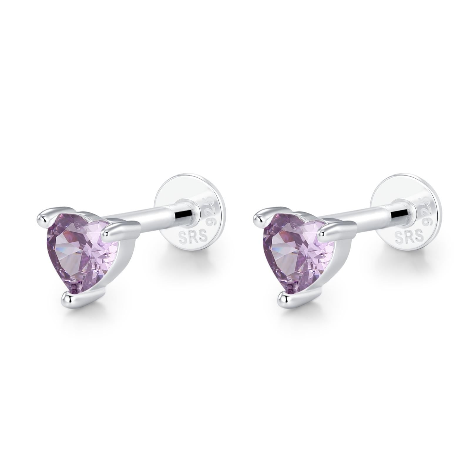 Sterling Silver 4mm Amethyst Purple Heart CZ 16G Flat Back Labret Earrings