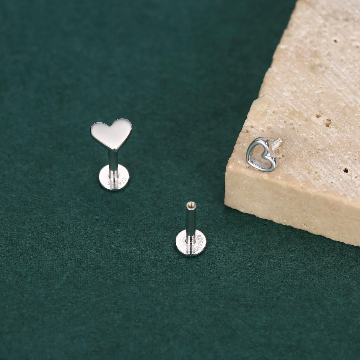 Sterling Silver Mismatched Heart 16G Flat Back Labret Earrings
