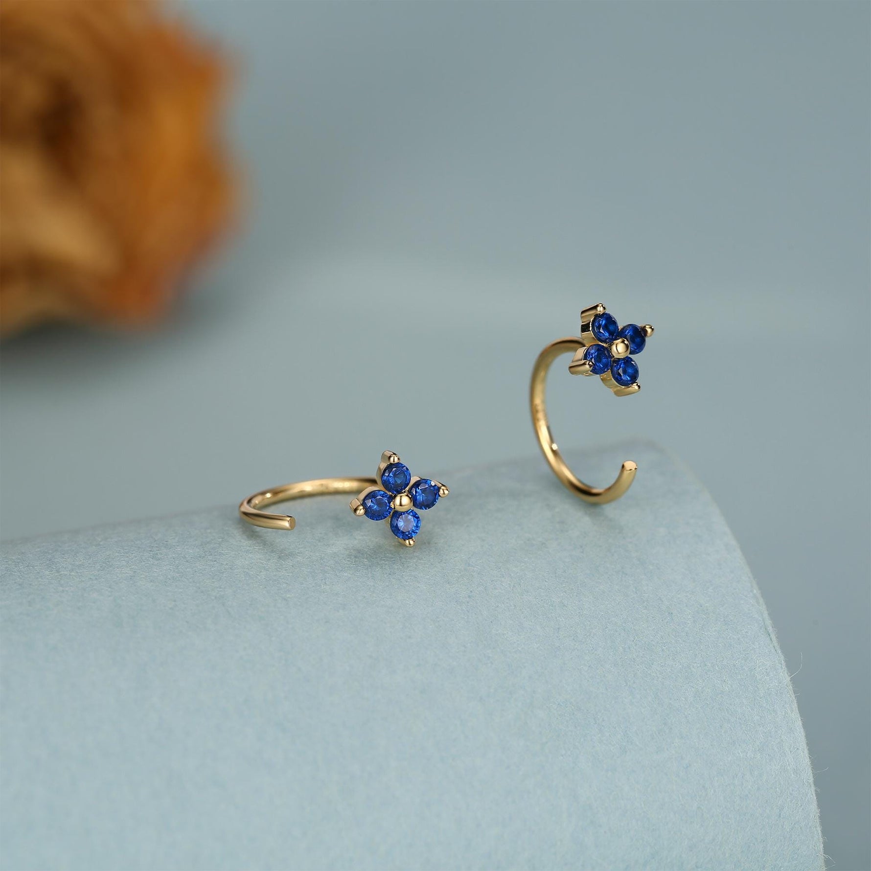 Sterling Silver Sapphire Blue CZ Flower Open Hoop Earrings
